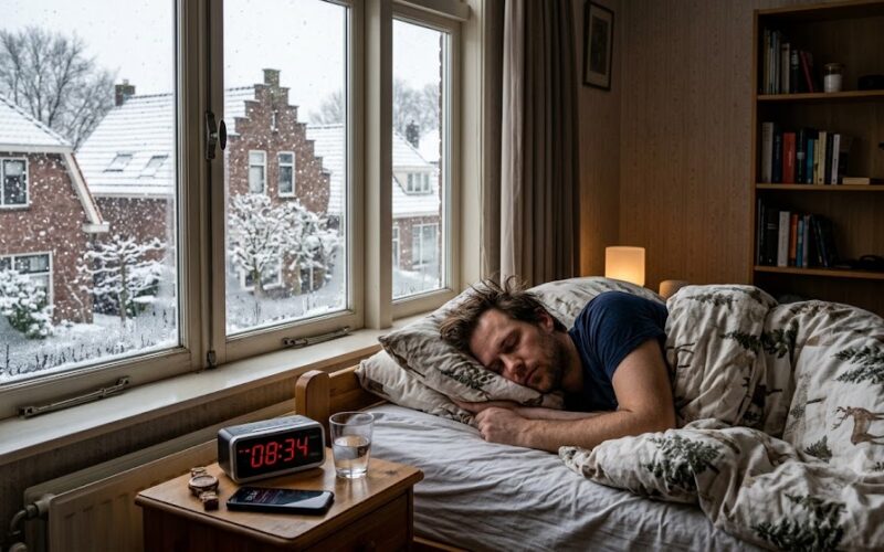 Man sleeping in bed by a snow-filled window; bedside table shows a digital clock reading 08:34, with a glass of water and a phone nearby.